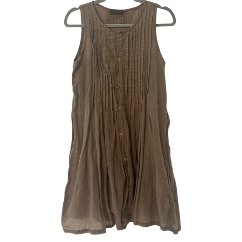 CP Shades Pleaded Sleeveless Silk Blend Tunic Mini Dress in Brown Extra Small